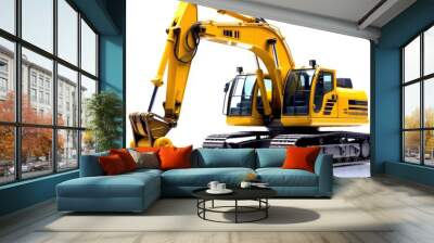 A close - up shot of a yellow excavator against isolated on a white background. Generative AI Wall mural