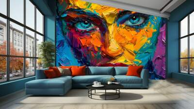 A colorful painting of a girl's face. The artist used oil paints and a palette knife to create an abstract and textured effect on the canvas. Wall mural