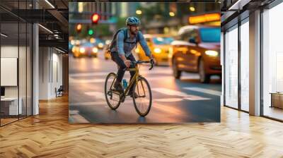 A dynamic shot of a cyclist riding through a dedicated bike lane. Generative AI Wall mural