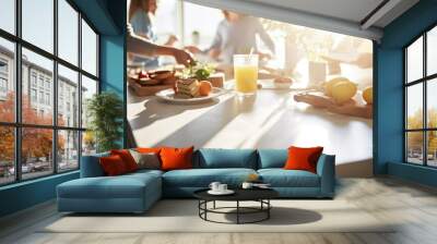 A family preparing breakfast in absolute, a photo focused on the table Wall mural