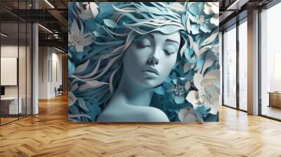 A girl's head filled with flowers, in the style of delicate paper cutouts, generative ai Wall mural