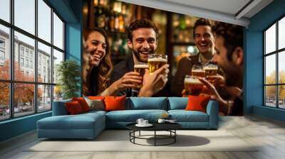 A group of friends toasting and celebrating with their beers in a vibrant, well - lit bar. Generative AI Wall mural