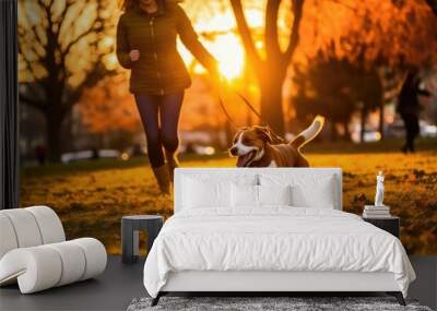 A joyful moment of the woman chasing her beagle in the park, bathed in the warm hues of sunset. Generative AI Wall mural