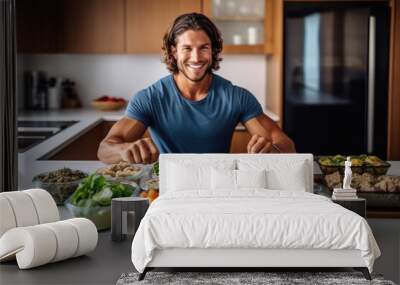 A lifestyle shot of a man enjoying a homemade meal prep with containers filled with nutritious and portioned meals. Generative AI Wall mural