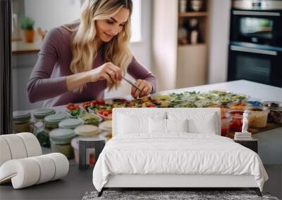 A lifestyle shot of a woman enjoying a homemade meal prep with containers filled with nutritious and portioned meals. Generative AI Wall mural