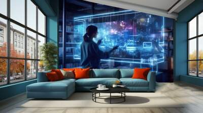 A photo of a person using a holographic display to interact with digital content in a futuristic workspace. Generative AI Wall mural