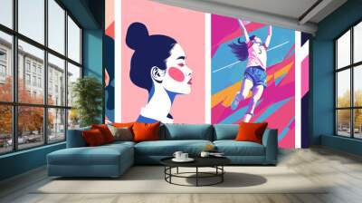 A series of vibrant, stylized illustrations featuring athletic women in dynamic poses showcasing strength, confidence, and sportsmanship with a modern, empowering aesthetic. Wall mural