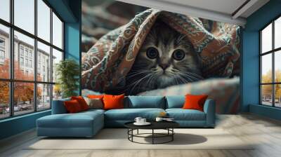 A tiny cat with soft eyes peeks out from under the blanket, its head tilted as it glances at the camera. Wall mural