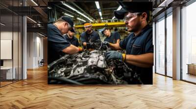 An automobile mechanic as they perform a diagnostic check on a car's engine in a repair service setting. Generative AI Wall mural