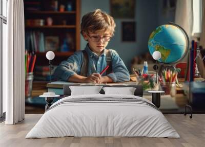 An engaging candid shot of a boy sitting at his new desk, eagerly unpacking his school supplies. Generative AI Wall mural