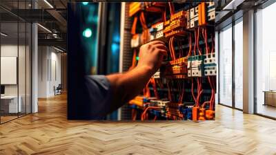 An engineer repairs a control panel with complex electrical wiring. Generative AI Wall mural