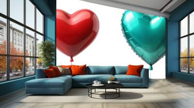 Bright and colorful heart-shaped balloons in orange, red, and teal on a transparent background, perfect for celebrations, parties, and festive occasions, conveying love and joy. Wall mural