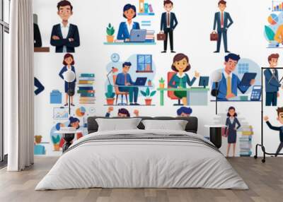 Business professionals in various office settings and activities Wall mural