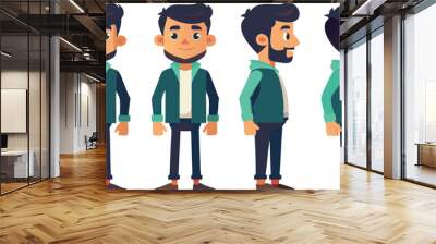 Cartoon character design showing multiple angles with bearded young man in casual outfit Wall mural