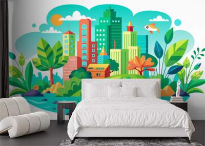 Colorful eco city landscape with buildings, nature and water Wall mural