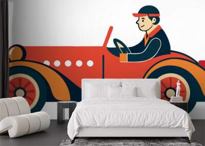 Colorful vintage illustration of a man driving a classic red car, highlighting retro style and automotive nostalgia. Wall mural