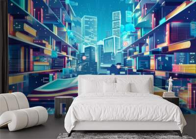 Digital education is changing the way we learn. Books are now available online, and infographics are making concepts easier to understand. Vector illustration shows this concept in futuristic style. Wall mural