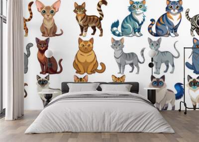 Diverse collection of 30 cartoon cat illustrations showcasing different breeds and colors. Wall mural