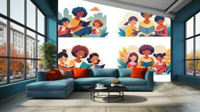 Diverse family reading books together in various settings - vector illustration Wall mural