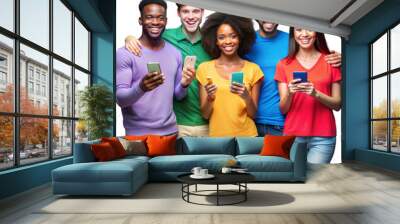 Diverse group of friends taking selfies on smartphones Wall mural