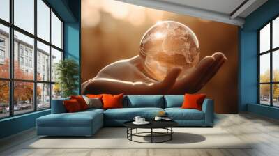 Earth globe in hands on the background of bright sun. Generative AI Wall mural