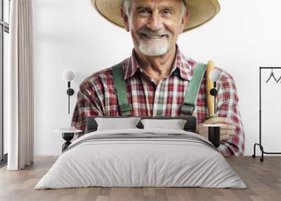 Elderly gentleman farmer standing with a shovel, smiling warmly Wall mural