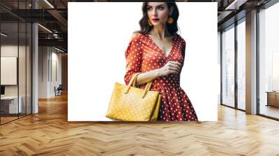 Elegant woman in polka dot dress holding a yellow handbag Wall mural