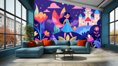 Enchanting fairy tale scene with fantasy castle and fairy character Wall mural