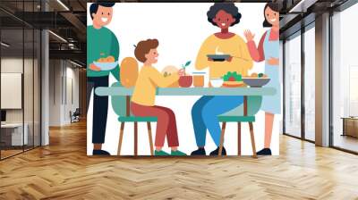 Family enjoying a meal together at home in a warm and cheerful atmosphere Wall mural