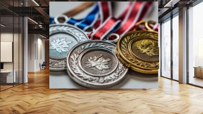 Gold, silver, and bronze medals are given to athletes who place first, second, and third in sports competitions. The medals are typically attached to ribbons and worn around the neck. Wall mural