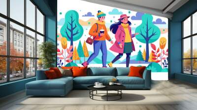 Happy friends walking in a winter park, colorful vector illustration Wall mural