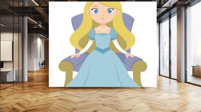 Illustration of a princess sitting on a throne in a light blue dress and crown Wall mural