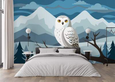 Illustration of a snowy owl perched on a branch with snowy mountains in the background Wall mural