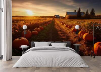 In this Halloween - themed photo, the festive spirit of a pumpkin patch harvest. Generative AI Wall mural