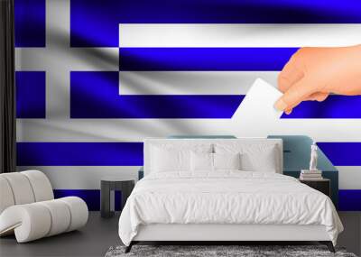 Male hand puts down a white sheet of paper with a mark as a symbol of a ballot paper against the background of the Greece flag. Greece the symbol of elections Wall mural