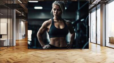 Muscular bodybuilder female athlete demonstrates her body in the gym. Generative AI Wall mural