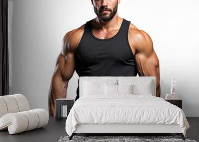 Muscular man in a black tank top lifting dumbbells on a transparent background Wall mural