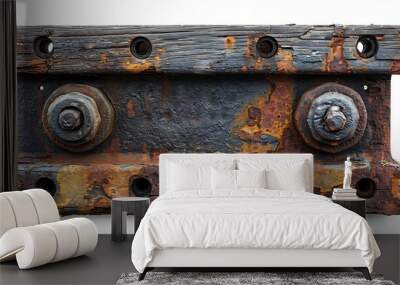 of a rusty railway track with wooden sleepers isolated on white Wall mural