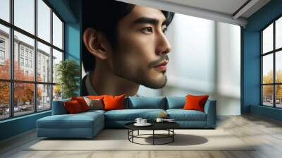 Photo of a close-up of a male business person of Asian descent, taken from a side profile, focusing on his contemplative expression Wall mural