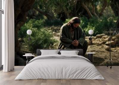 Photograph of Jesus praying in the garden of Gethsemane. Generative AI Wall mural