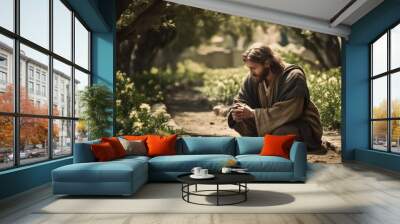 Photograph of Jesus praying in the garden of Gethsemane. Generative AI Wall mural