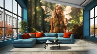 Portrait of a woman in a fairy outfit. Dreamy fairy tale photo. Generative AI Wall mural