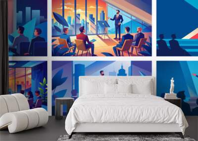 Professional businessman giving presentation at different venues. Vector Illustration. Wall mural