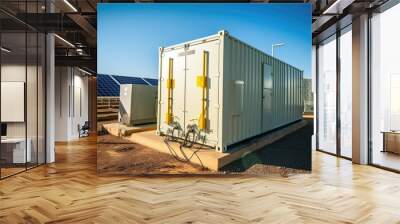 Rows of wind turbines and solar energy storage facility in the background. Generative AI Wall mural