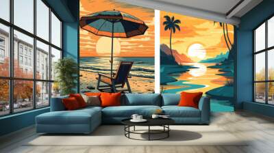 Set of summer vacation vector illustration posters with seaside landscape, sunbed, woman on vacation, summer sunset, retro and modern style, for a greeting card Wall mural