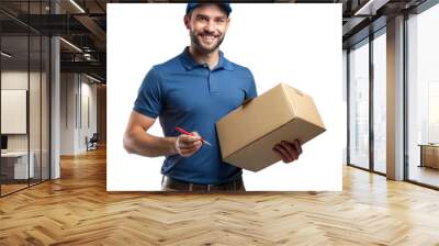 Smiling delivery man holding a package with a pen on transparent background Wall mural