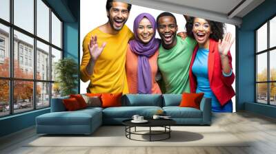 Smiling diverse friends waving at camera on transparent background Wall mural