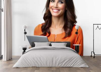 Smiling woman holding digital tablet on transparent background Wall mural