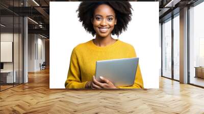 Smiling woman holding laptop on transparent background Wall mural