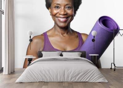 Smiling woman holding yoga mat on transparent background Wall mural